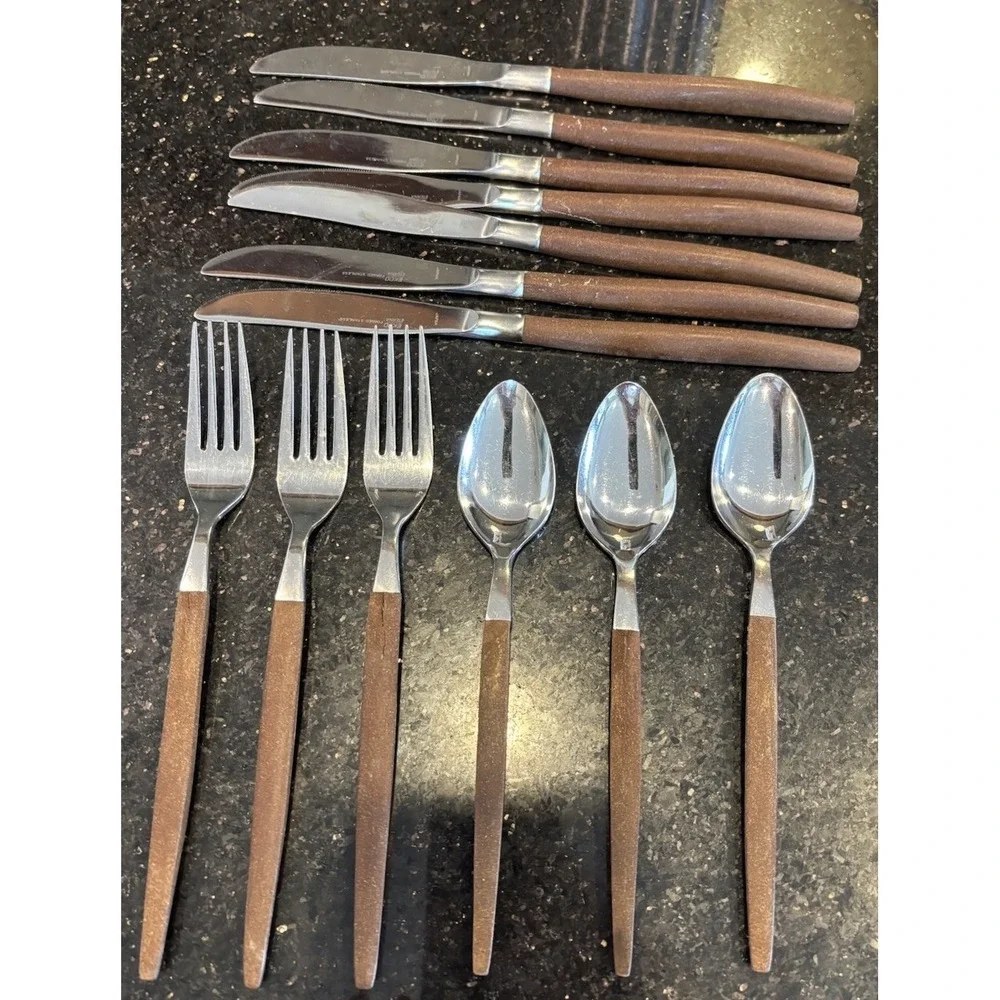 Vtg Lot of 11 Ekco Eterna Forged Stainless Spoons Knives‎ Flatware Japan Wood